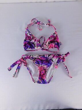 Beach Stop Bikini Womens M Pink Purple Floral Triangle Halter Side Tie 2 Piece